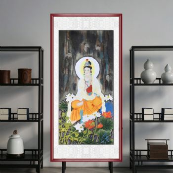 纯手绘四尺国画佛像宣纸可落款精品佛堂挂画实木画框人物国画