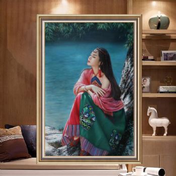 纯手绘中式油画少数民族少女服饰人物肖像画美女油画