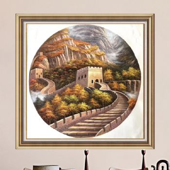 新中式油画长城油画风景写实油画圆形风格实木画框适合酒店挂画
