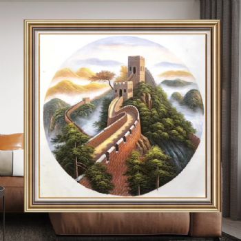 现代新中式油画长城油画风景写实油画圆形风格实木画框适合客厅挂画