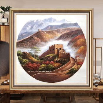 风景油画现代新中式油画长城油画圆形风格实木画框适合客厅挂画