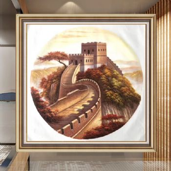 中华魂万里长城风景油画现代新中式油画圆形风格实木画框适合客厅挂画