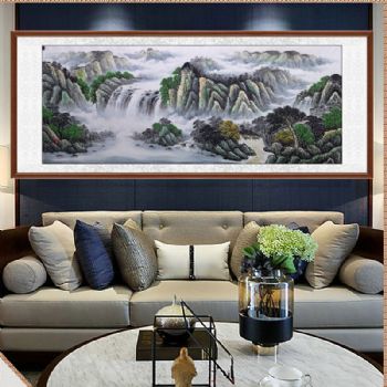 纯手绘青绿小八尺国画山水画风水国画接受个性提字聚宝盆写意国画