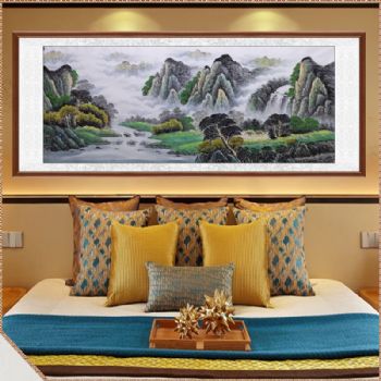 大型国画新中式山水画聚宝盆青绿小八尺国画接受个性提字纯手绘山水画