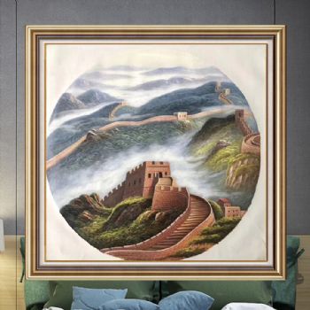 万里长城风景油画现代新中式油画圆形风格实木画框适合客厅挂画