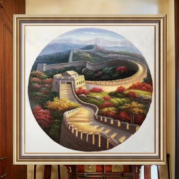 现代新中式油画适合客厅油画万里长城油画风景写实油画圆形风格实木画框