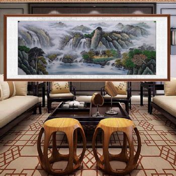 山水国画新中式大型国画山水画青绿小八尺高水平画师手纯聚宝盆接受个性提字