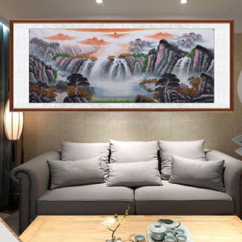 新中式聚宝盆大型国画山水画青绿小八尺国画接受个性提字纯手绘山水画