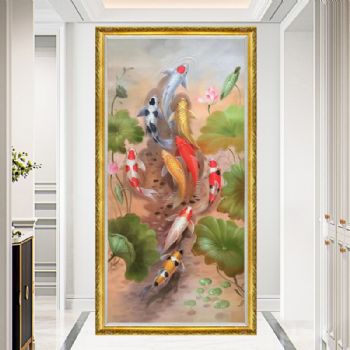 高品质手绘油画九鱼图新中式油画年年有余和和美美寓意油画