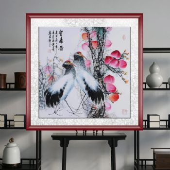 写意花鸟画双鹤仙桃贺寿图适合老人祝寿手绘国画孔庆义风格国画四尺斗方