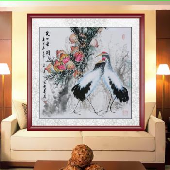 四尺斗方写意花鸟画笑口常开手绘仙鹤石榴多子多福适合卧室手绘国画孔庆义风格国画