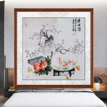 手绘国画寿桃书屋静心赏鱼游得自在清供图孔庆义风格国画四尺斗方