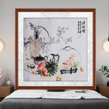 兰花寿桃清闲一壶茶赏鱼游得自在手绘国画清供图孔庆义风格国画