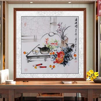 人生难得清闲一壶茶赏鱼游得自在手绘国画清供图孔庆义风格国画四尺斗方实木外框