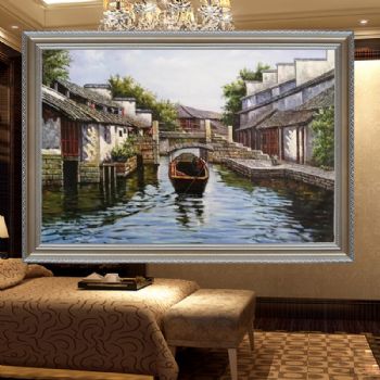 写意风景油画江南水乡风景手绘油画实木画框客厅走廊挂画