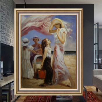 欧式油画 纯手绘手工 沙滩上的母与女 欧美人物画 实木画框