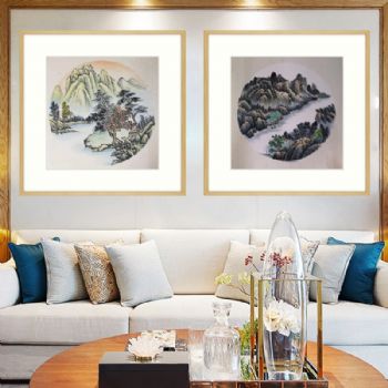 国画小品青山绿水圆形山水画精品仿古卡纸手绘国画实木画框