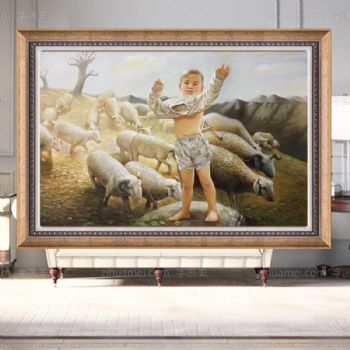 纯手工手绘油画中式油画客厅壁炉玄关装饰挂画童年放羊郎乡村风景