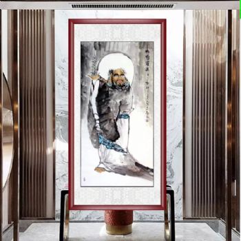 手绘国画人物画十八罗汉之托塔罗汉驱邪避灾中式画实木框