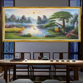 手绘中式油画风水油画迎客松客似云来聚宝盆白鹤象征长寿实木画框