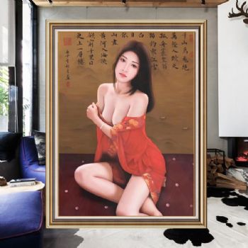 千山鸟飞绝传统诗词艺术美女手绘油画人体艺术油画实木画框