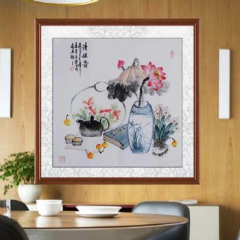 兰花读书手绘国画荷花静心赏鱼游得自在清供图孔庆义风格国画四尺斗方