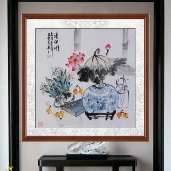 兰花读书手绘国画荷花静心阅读清供图孔庆义风格国画四尺斗方