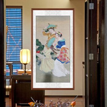 工笔人物画仕女图精品国画美女荷花嬉戏图实木画框