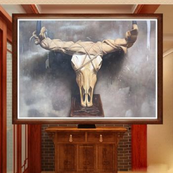 写意油画牛角图牛头油画适合办公室背景挂画实木画框纯手绘油画