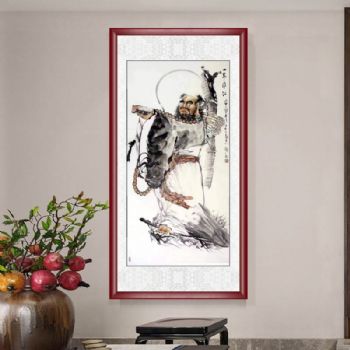 手绘国画写意达摩祖师一苇渡江人物国画寓意一个人的修为或境界高实木画框