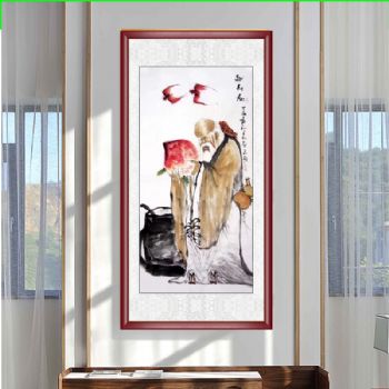 中国传统国画老寿星献寿图蝙蝠代表福气飞来手绘国画实木外框