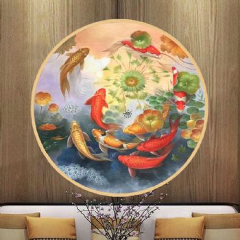 新中式手绘油画九鱼图牛转乾坤风水油画客厅办公室挂画