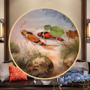 资深画师纯手绘新中式油画九鱼图牛转乾坤风水油画客厅办公室挂画