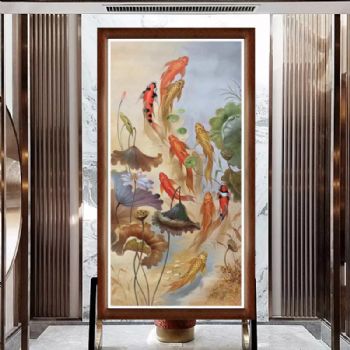 创意高档手绘九鱼图年年有余步步高升装饰画现代新中式手绘油画