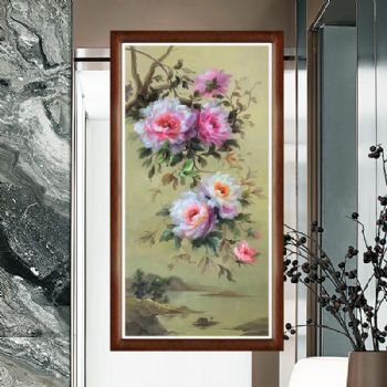 写意风景油画新中式牡丹手绘油画山水画创意现代装饰画