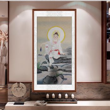 白衣观音溪边坐禅纯手绘观世音菩萨画像工笔画佛像佛堂家用供奉