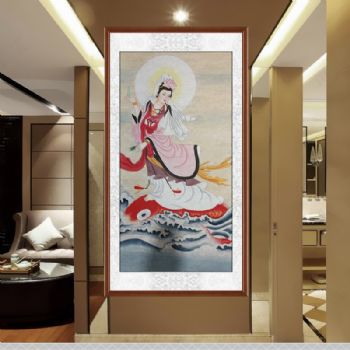 脚踏锦鲤观世音菩萨画像工笔画纯手绘佛像佛堂家用供奉实木画框