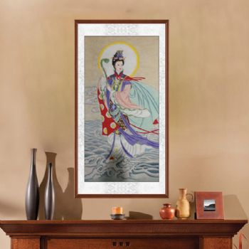 脚踏祥云手持如意观世音菩萨画像工笔画万事如意纯手绘佛像