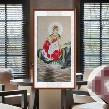 观世音菩萨画像工笔画观音溪边坐禅图纯手绘佛像佛堂家用供奉实木画框