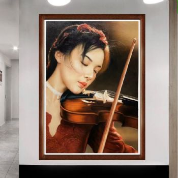 拉小提琴的女孩手绘油画人物画美女油画精品油画收藏