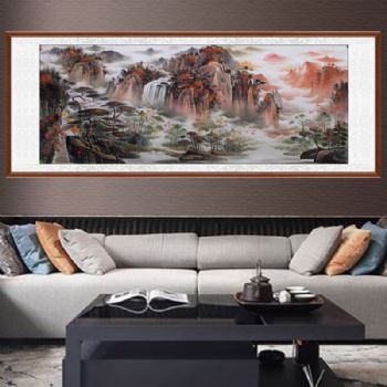 精品小八尺山水国画写意山水画鸿运当头手绘水墨国画柚木画框支持个性提词