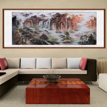 山水人家鸿运当头精品小八尺山水国画写意山水画柚木画框支持个性提词