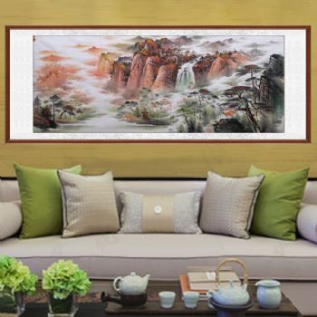 新中式聚宝盆山水人家鸿运当头精品小八尺山水国画写意山水画柚木画框支持个性提词