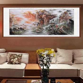 写意山水画新中式聚宝盆山水人家鸿运当头精品小八尺手绘山水国画支持个性提词