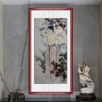 四尺少女图国画人物水墨画民族少女图现代人物手绘国画美女图酒店挂画