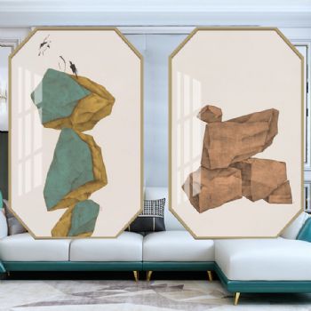 新中式石头记现代写意八边形抽象晶瓷画铝合金装饰画