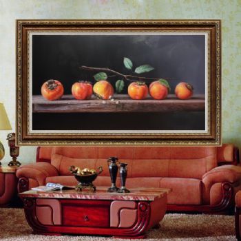 新中式实力画家写实油画作品事事如意静物手绘油画柿子图