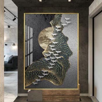 新中式晶瓷艺术翔鹤飞来福气来高清微喷古铜金属质感立体视觉效果装饰画