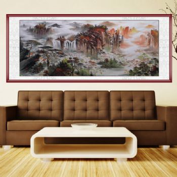 新中式精品小八尺山水画写意山水画手绘水墨国画实木画框支持个性提词