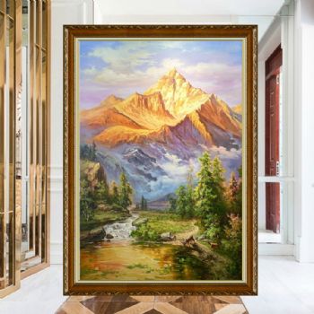 新中式写意风景油画金山背靠大山路路发财源广进中式高品质风水油画